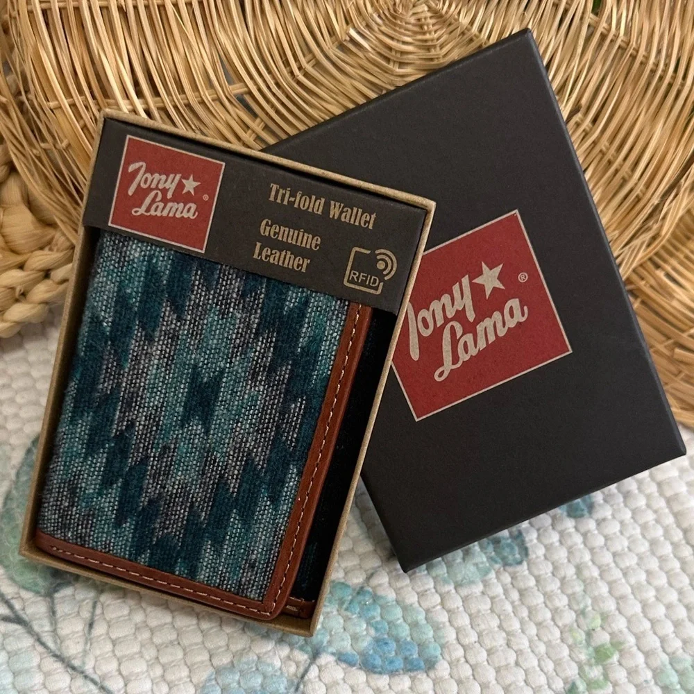 New Tony Lama Tri-Fold Wallet RFID Blue Aztec Canvas Leather Cowboy Western